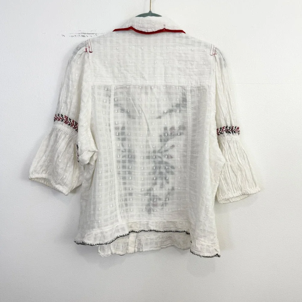 Anthropologie Pilcro Embroidered Puff Sleeve Collared Blouse White XL